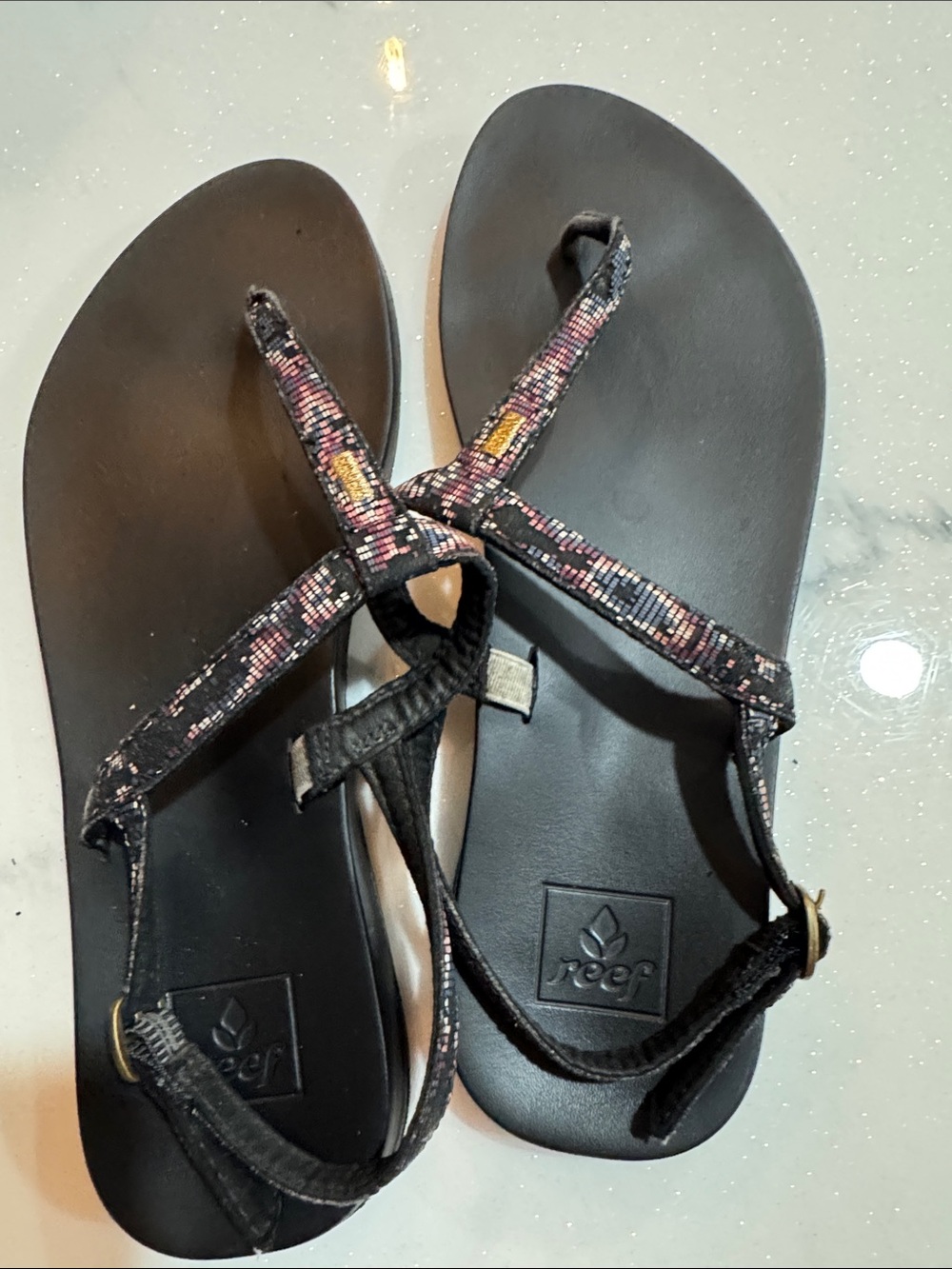 Reef Women's Black Sandals with Pink, Yellow and Tan Woven Straps
